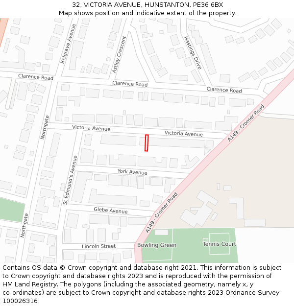 32, VICTORIA AVENUE, HUNSTANTON, PE36 6BX: Location map and indicative extent of plot