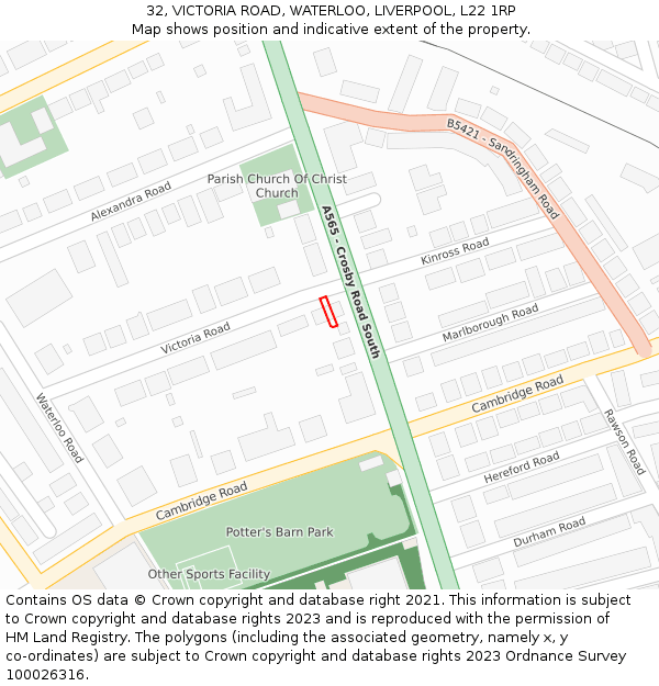32, VICTORIA ROAD, WATERLOO, LIVERPOOL, L22 1RP: Location map and indicative extent of plot