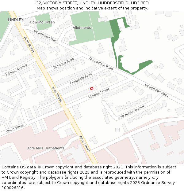 32, VICTORIA STREET, LINDLEY, HUDDERSFIELD, HD3 3ED: Location map and indicative extent of plot