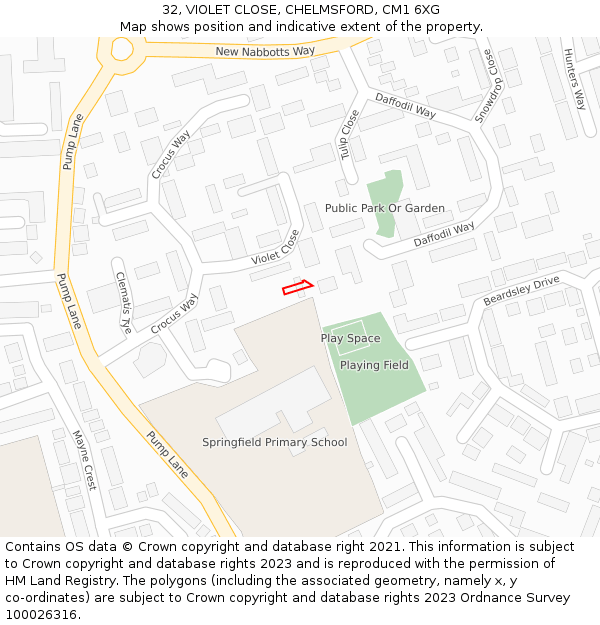 32, VIOLET CLOSE, CHELMSFORD, CM1 6XG: Location map and indicative extent of plot