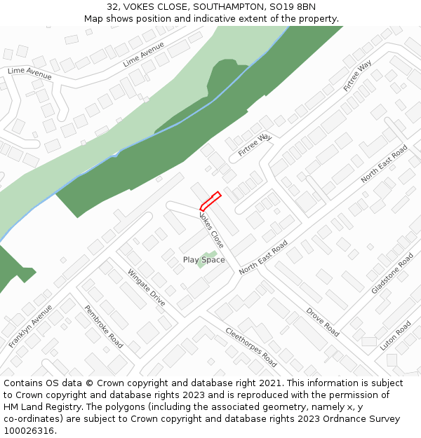 32, VOKES CLOSE, SOUTHAMPTON, SO19 8BN: Location map and indicative extent of plot