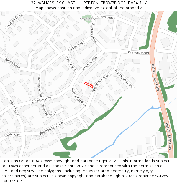 32, WALMESLEY CHASE, HILPERTON, TROWBRIDGE, BA14 7HY: Location map and indicative extent of plot