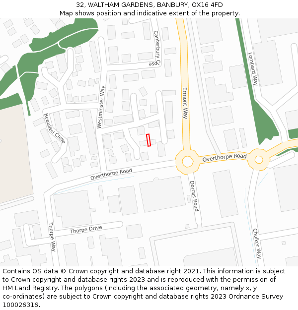 32, WALTHAM GARDENS, BANBURY, OX16 4FD: Location map and indicative extent of plot