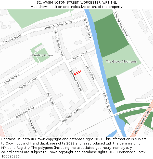 32, WASHINGTON STREET, WORCESTER, WR1 1NL: Location map and indicative extent of plot