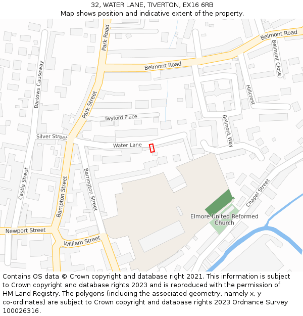 32, WATER LANE, TIVERTON, EX16 6RB: Location map and indicative extent of plot