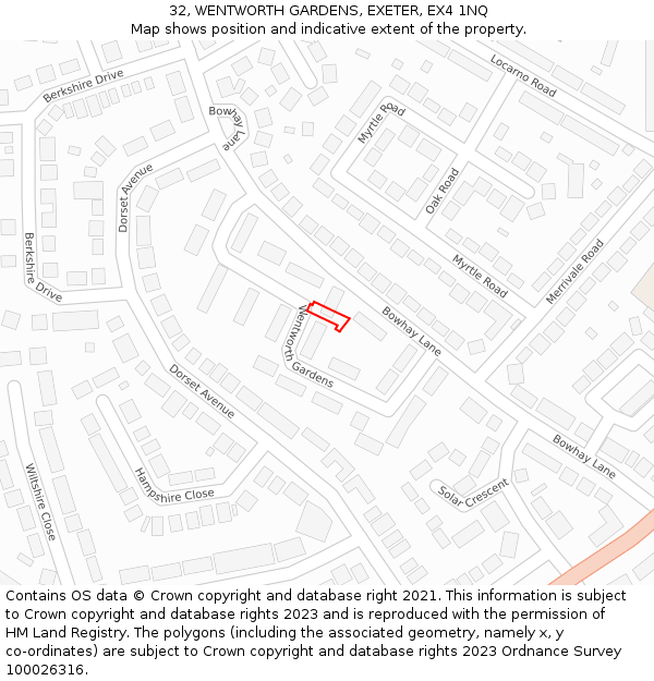 32, WENTWORTH GARDENS, EXETER, EX4 1NQ: Location map and indicative extent of plot