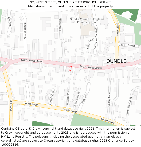 32, WEST STREET, OUNDLE, PETERBOROUGH, PE8 4EF: Location map and indicative extent of plot