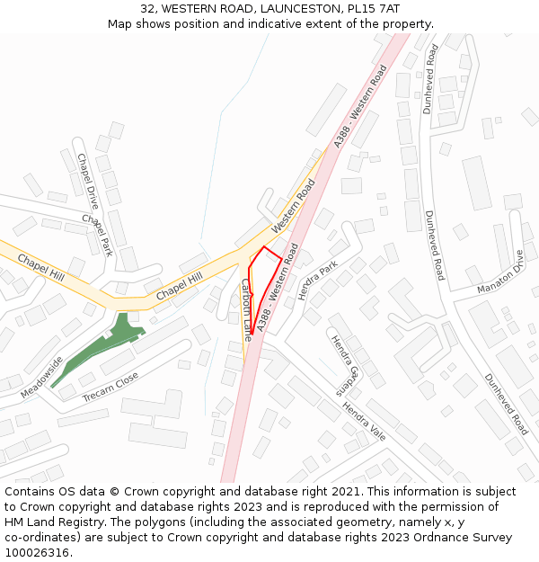 32, WESTERN ROAD, LAUNCESTON, PL15 7AT: Location map and indicative extent of plot