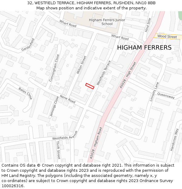 32, WESTFIELD TERRACE, HIGHAM FERRERS, RUSHDEN, NN10 8BB: Location map and indicative extent of plot