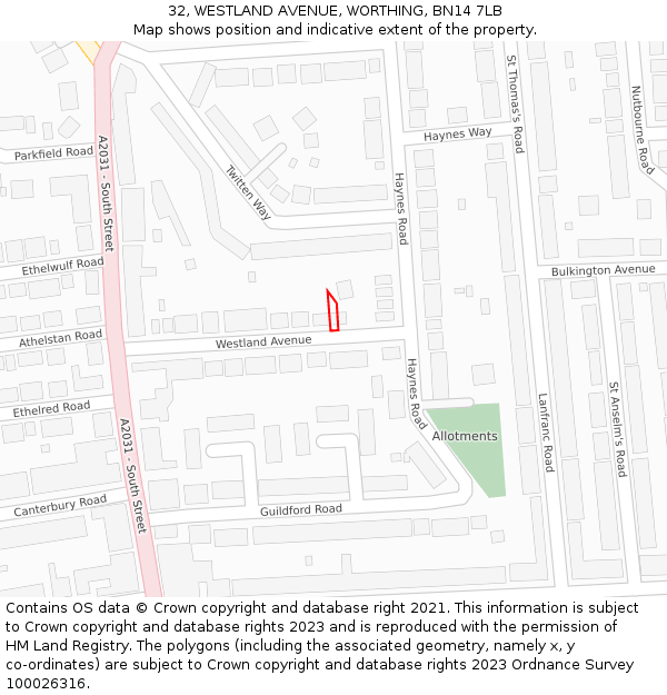 32, WESTLAND AVENUE, WORTHING, BN14 7LB: Location map and indicative extent of plot