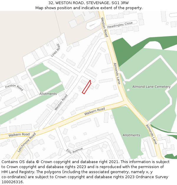 32, WESTON ROAD, STEVENAGE, SG1 3RW: Location map and indicative extent of plot