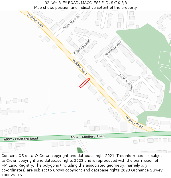 32, WHIRLEY ROAD, MACCLESFIELD, SK10 3JR: Location map and indicative extent of plot