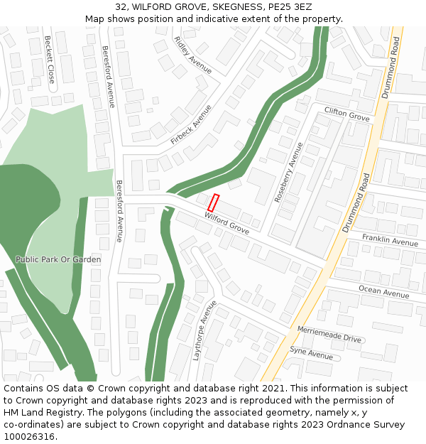 32, WILFORD GROVE, SKEGNESS, PE25 3EZ: Location map and indicative extent of plot