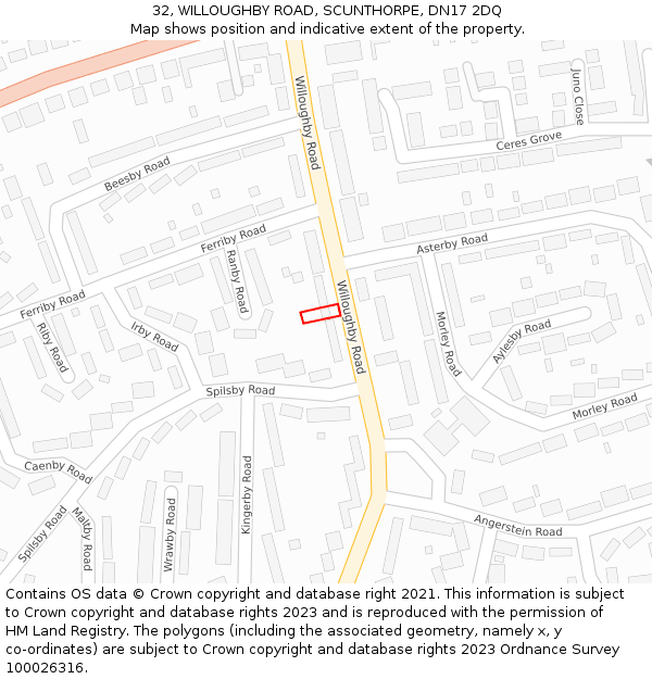 32, WILLOUGHBY ROAD, SCUNTHORPE, DN17 2DQ: Location map and indicative extent of plot