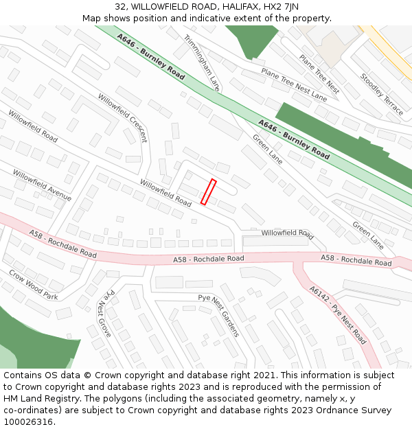 32, WILLOWFIELD ROAD, HALIFAX, HX2 7JN: Location map and indicative extent of plot