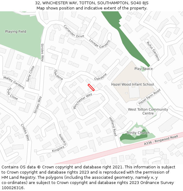 32, WINCHESTER WAY, TOTTON, SOUTHAMPTON, SO40 8JS: Location map and indicative extent of plot