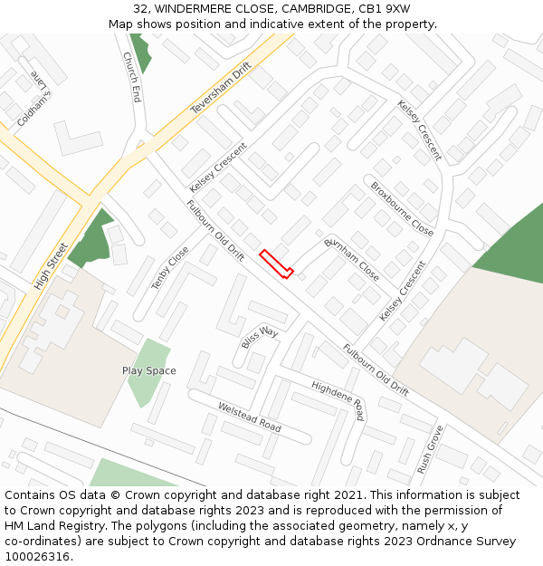 32, WINDERMERE CLOSE, CAMBRIDGE, CB1 9XW: Location map and indicative extent of plot