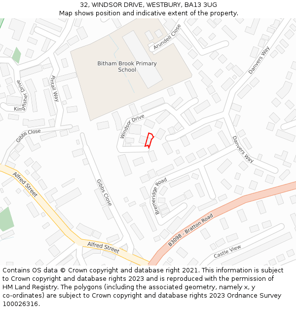 32, WINDSOR DRIVE, WESTBURY, BA13 3UG: Location map and indicative extent of plot