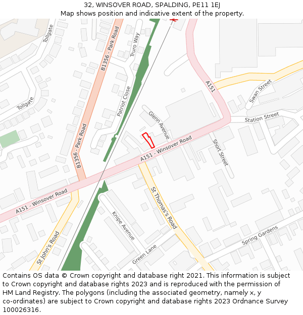 32, WINSOVER ROAD, SPALDING, PE11 1EJ: Location map and indicative extent of plot