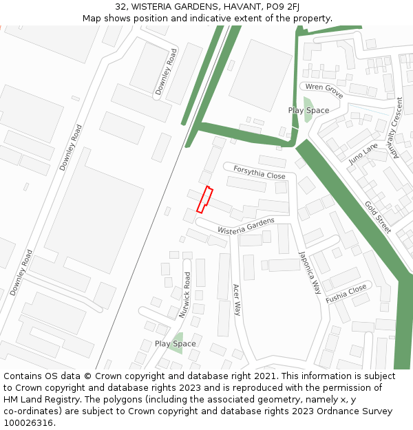 32, WISTERIA GARDENS, HAVANT, PO9 2FJ: Location map and indicative extent of plot