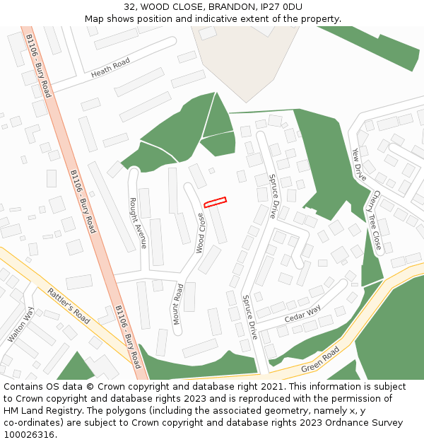 32, WOOD CLOSE, BRANDON, IP27 0DU: Location map and indicative extent of plot
