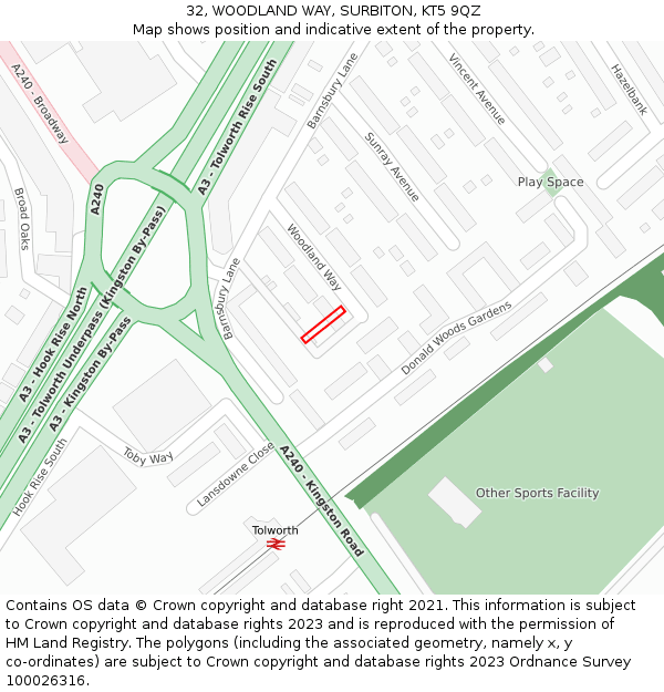 32, WOODLAND WAY, SURBITON, KT5 9QZ: Location map and indicative extent of plot