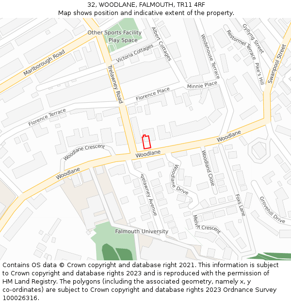 32, WOODLANE, FALMOUTH, TR11 4RF: Location map and indicative extent of plot