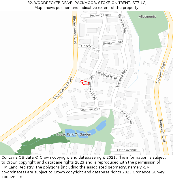 32, WOODPECKER DRIVE, PACKMOOR, STOKE-ON-TRENT, ST7 4GJ: Location map and indicative extent of plot