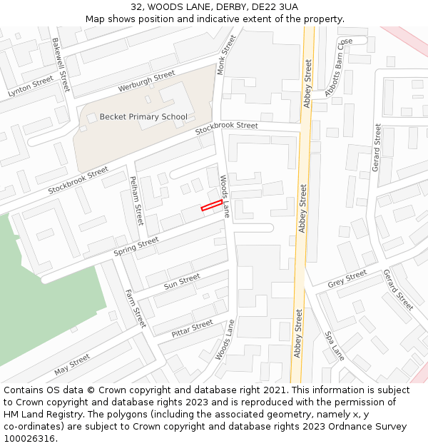 32, WOODS LANE, DERBY, DE22 3UA: Location map and indicative extent of plot