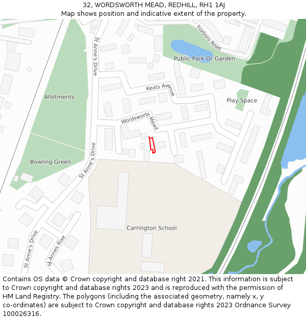 32, WORDSWORTH MEAD, REDHILL, RH1 1AJ: Location map and indicative extent of plot
