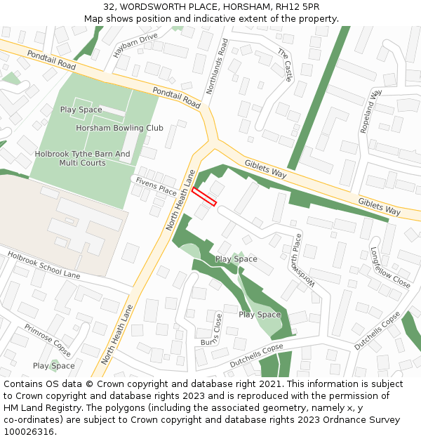 32, WORDSWORTH PLACE, HORSHAM, RH12 5PR: Location map and indicative extent of plot