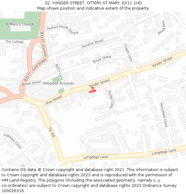 32, YONDER STREET, OTTERY ST MARY, EX11 1HD: Location map and indicative extent of plot