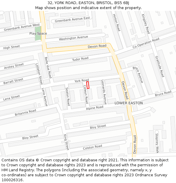 32, YORK ROAD, EASTON, BRISTOL, BS5 6BJ: Location map and indicative extent of plot