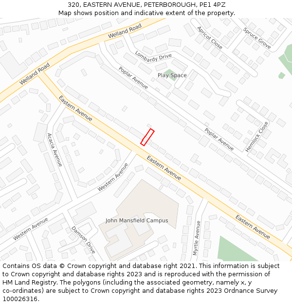320, EASTERN AVENUE, PETERBOROUGH, PE1 4PZ: Location map and indicative extent of plot