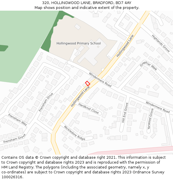 320, HOLLINGWOOD LANE, BRADFORD, BD7 4AY: Location map and indicative extent of plot