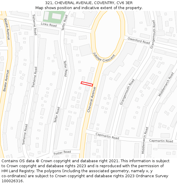 321, CHEVERAL AVENUE, COVENTRY, CV6 3ER: Location map and indicative extent of plot