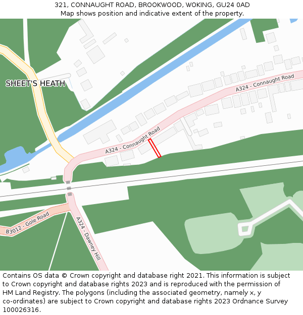 321, CONNAUGHT ROAD, BROOKWOOD, WOKING, GU24 0AD: Location map and indicative extent of plot