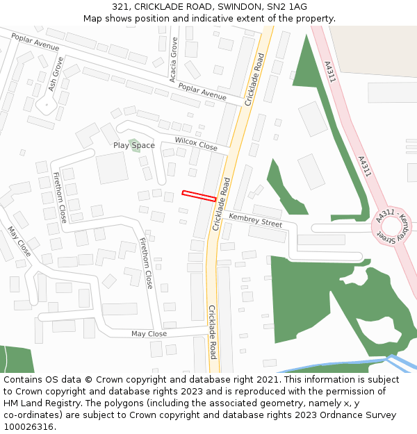 321, CRICKLADE ROAD, SWINDON, SN2 1AG: Location map and indicative extent of plot