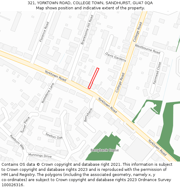 321, YORKTOWN ROAD, COLLEGE TOWN, SANDHURST, GU47 0QA: Location map and indicative extent of plot