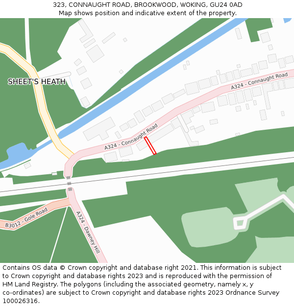323, CONNAUGHT ROAD, BROOKWOOD, WOKING, GU24 0AD: Location map and indicative extent of plot