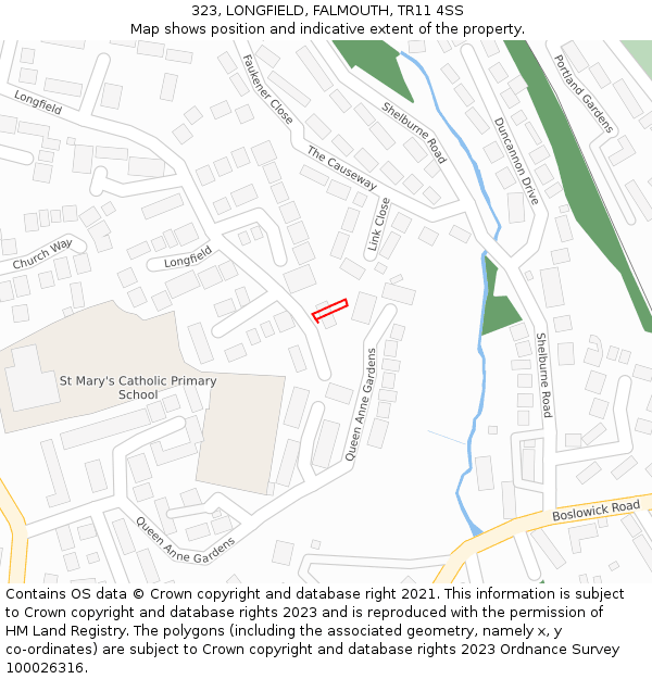323, LONGFIELD, FALMOUTH, TR11 4SS: Location map and indicative extent of plot