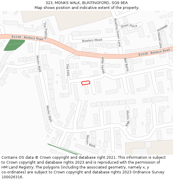 323, MONKS WALK, BUNTINGFORD, SG9 9EA: Location map and indicative extent of plot