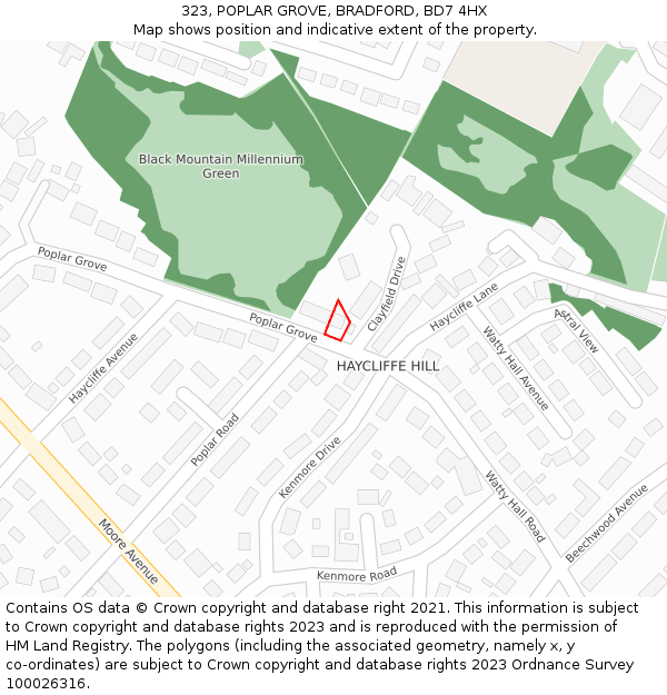 323, POPLAR GROVE, BRADFORD, BD7 4HX: Location map and indicative extent of plot
