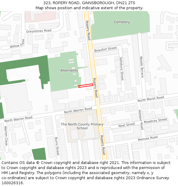 323, ROPERY ROAD, GAINSBOROUGH, DN21 2TS: Location map and indicative extent of plot