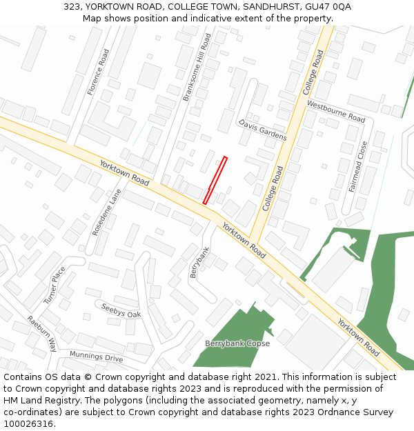 323, YORKTOWN ROAD, COLLEGE TOWN, SANDHURST, GU47 0QA: Location map and indicative extent of plot