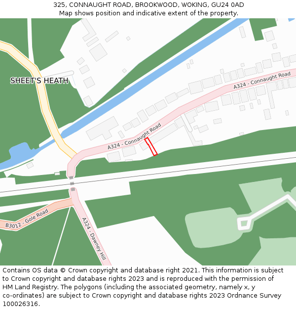 325, CONNAUGHT ROAD, BROOKWOOD, WOKING, GU24 0AD: Location map and indicative extent of plot