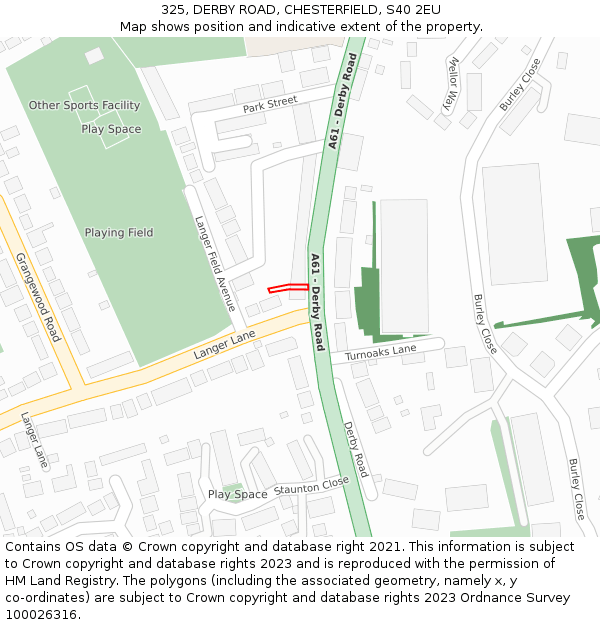 325, DERBY ROAD, CHESTERFIELD, S40 2EU: Location map and indicative extent of plot