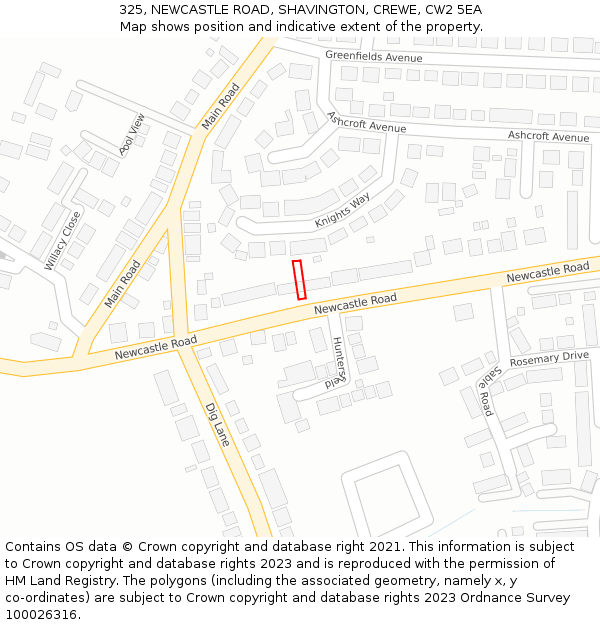 325, NEWCASTLE ROAD, SHAVINGTON, CREWE, CW2 5EA: Location map and indicative extent of plot