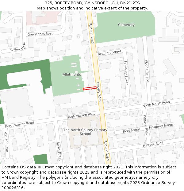 325, ROPERY ROAD, GAINSBOROUGH, DN21 2TS: Location map and indicative extent of plot