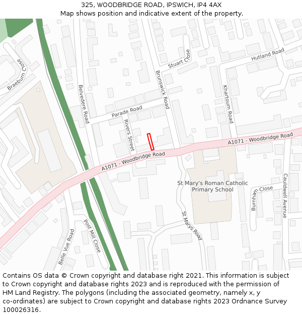 325, WOODBRIDGE ROAD, IPSWICH, IP4 4AX: Location map and indicative extent of plot